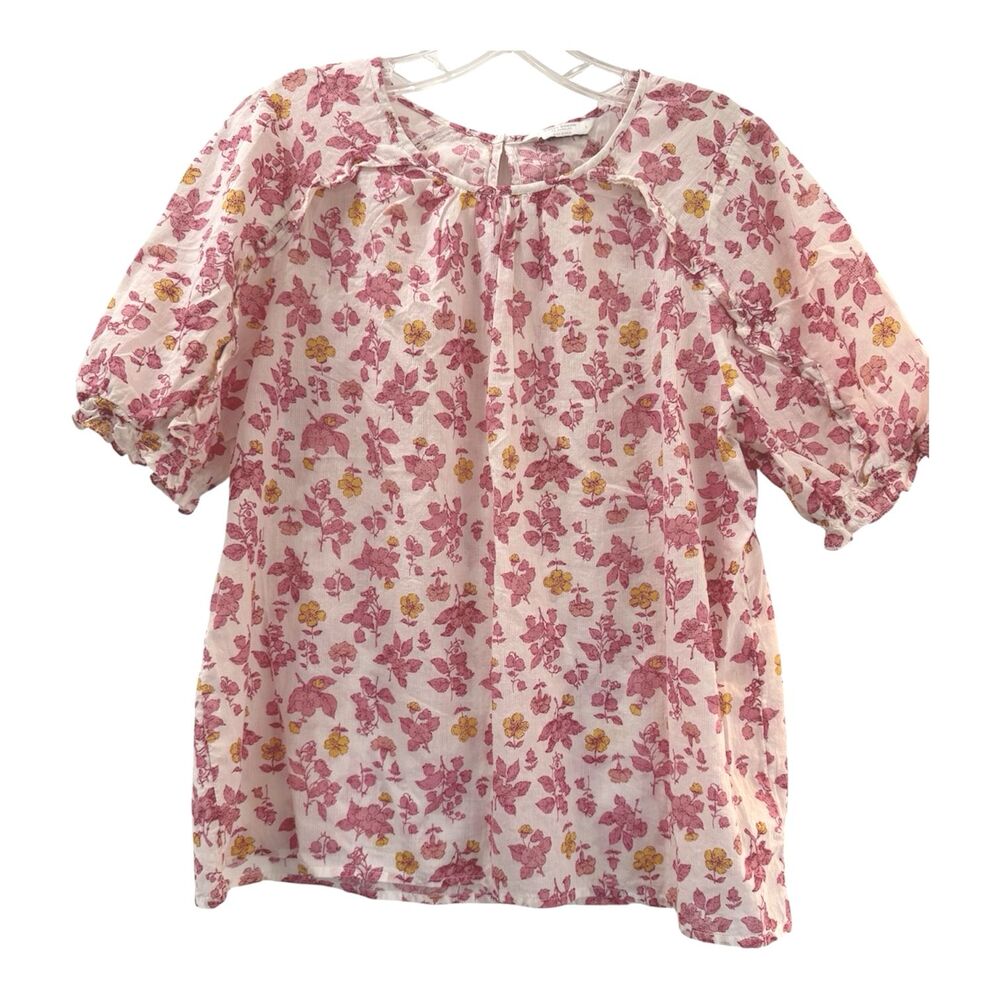Lucky Brand Floral Print Boho Short Sleeve Peasant Top Size Large Pink White
